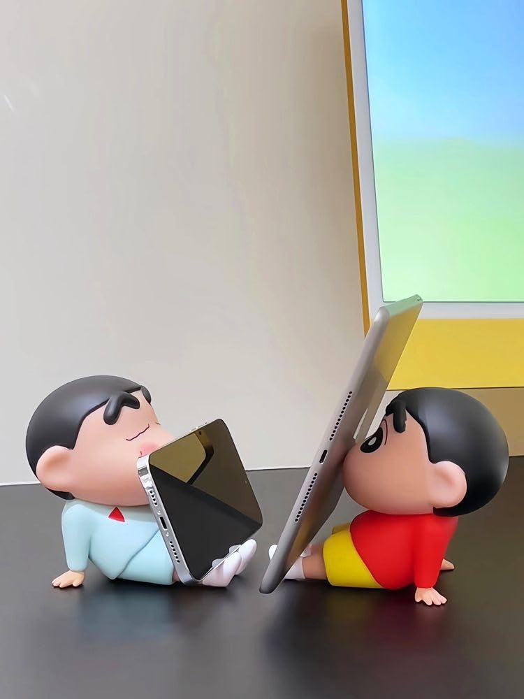 DCELLA Cute Shin-Chan Mobile Stand (Cyan and Red) – Cute ABS Cartoon Phone Holder for Desk or Tabletop Use, Flexible and Lightweight Design for Daily Utility or Gifting (Pack of 2)