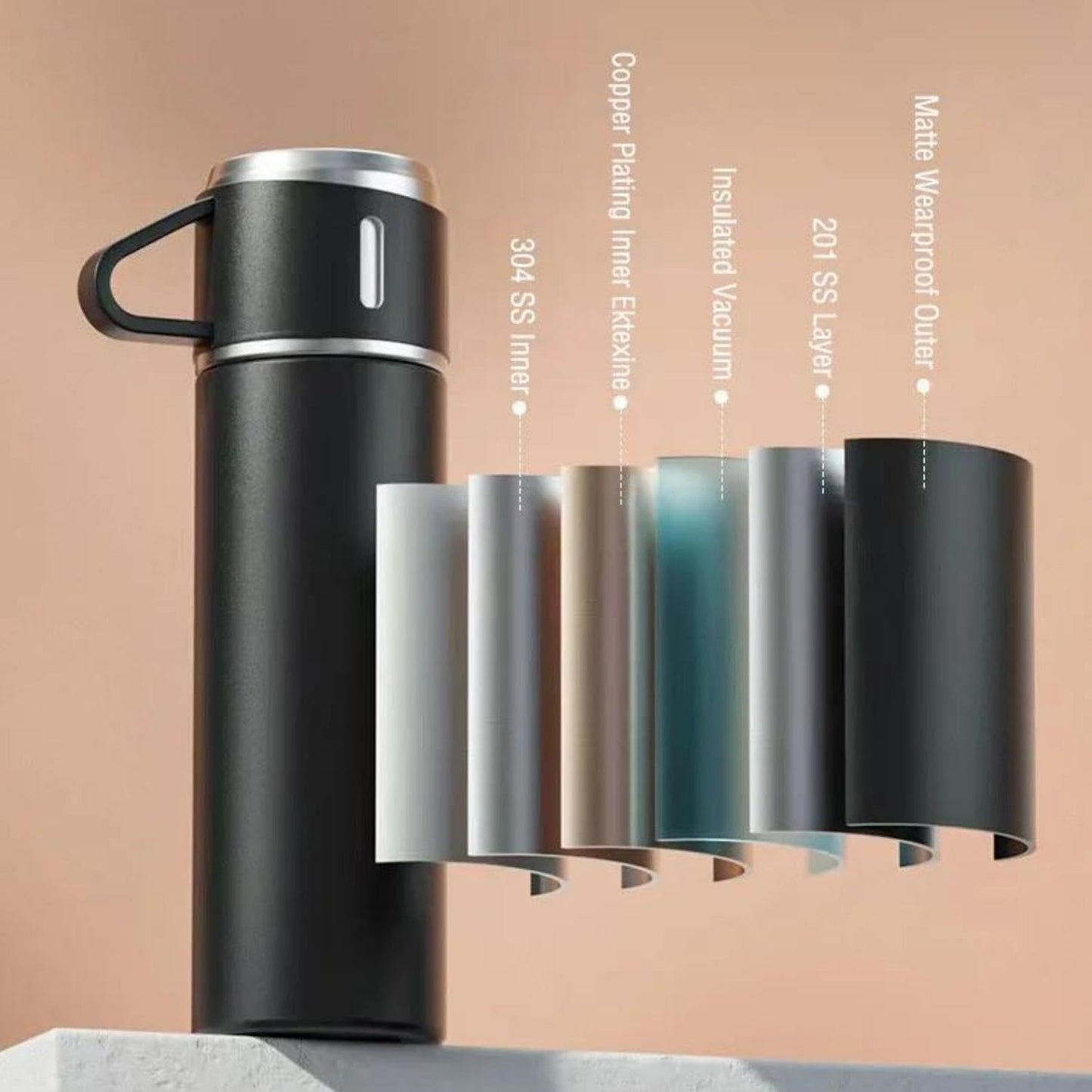 vacuum flask setVacuum Flask Set with 2 Cups – 500ml Stainless Steel Insulated Thermal Bottle, Hot & Cold for 12 Hours, Ideal for Office, Travel & Gifts