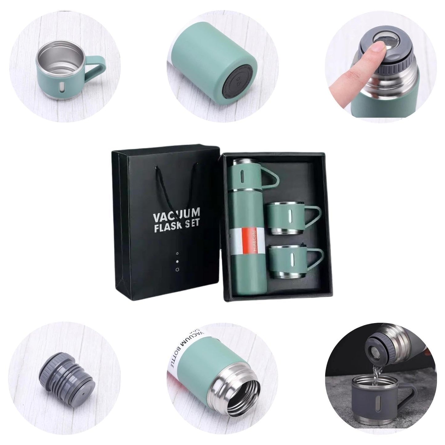 vacuum flask setVacuum Flask Set with 2 Cups – 500ml Stainless Steel Insulated Thermal Bottle, Hot & Cold for 12 Hours, Ideal for Office, Travel & Gifts