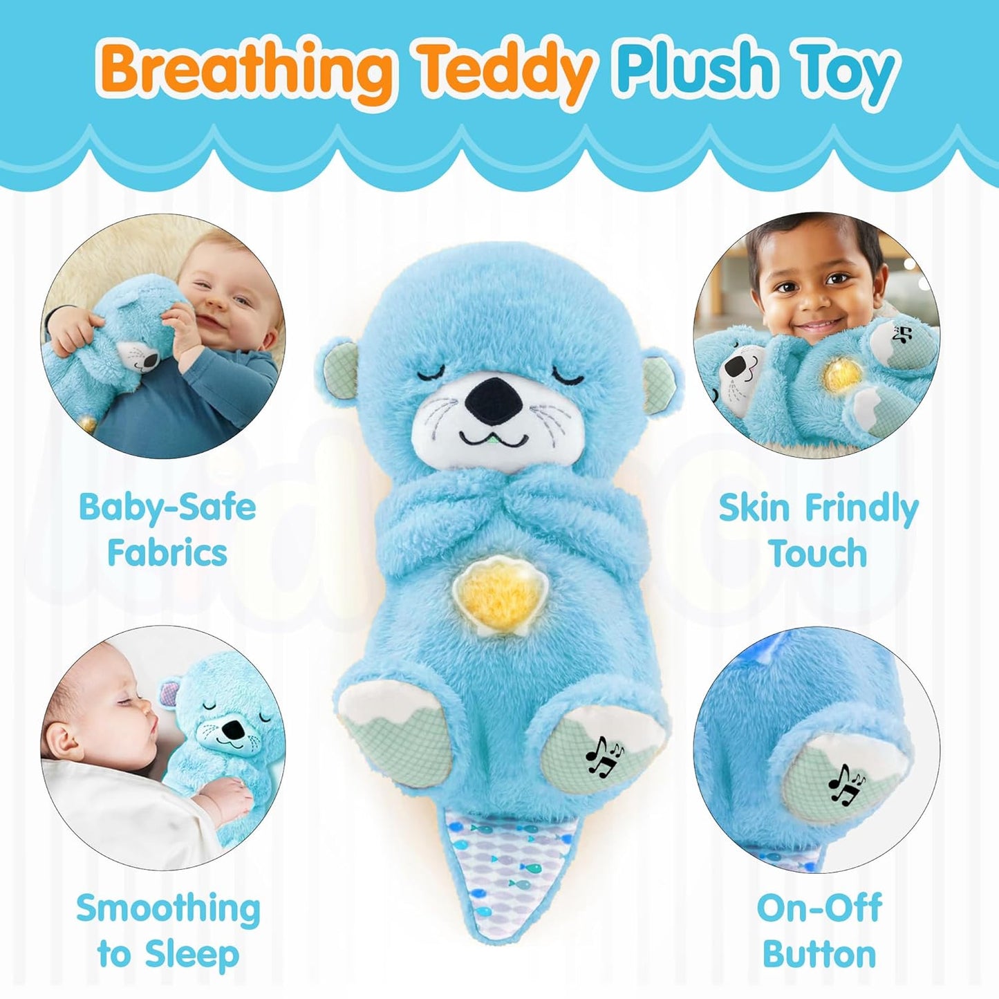 Kidology Breathing Teddy Bear Baby Plush with Music & Lights, Interactive Toy for Sensory Learning, Soft Stuffed Animal for Newborn Babies, Musical Toys Kids, Valentine Gift, Light Blue