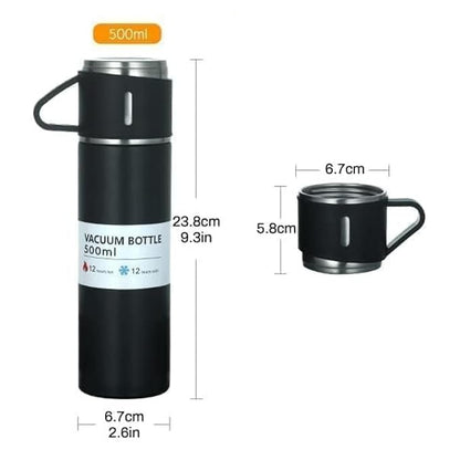 vacuum flask setVacuum Flask Set with 2 Cups – 500ml Stainless Steel Insulated Thermal Bottle, Hot & Cold for 12 Hours, Ideal for Office, Travel & Gifts