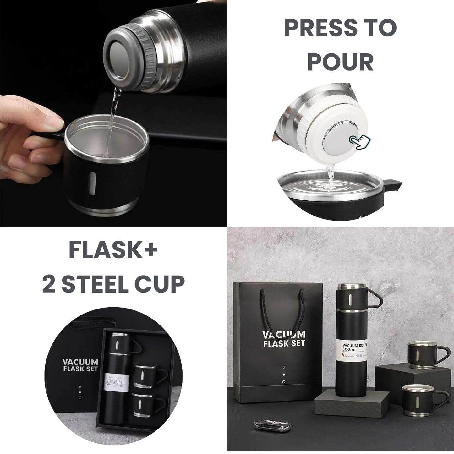 vacuum flask setVacuum Flask Set with 2 Cups – 500ml Stainless Steel Insulated Thermal Bottle, Hot & Cold for 12 Hours, Ideal for Office, Travel & Gifts